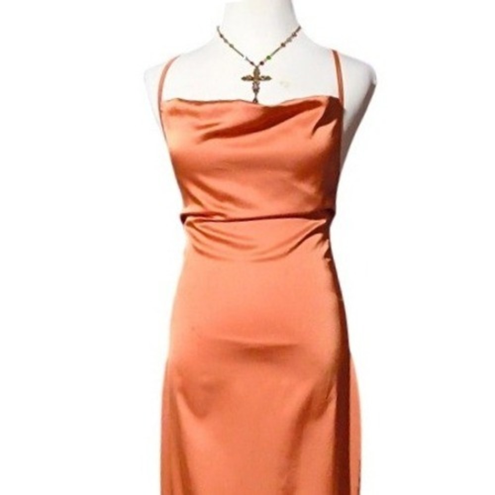 PrettyLittleThing Rust Satin Cowl Neck Lace Up Back Midi Dress US 6 NEW - Picture 14 of 16